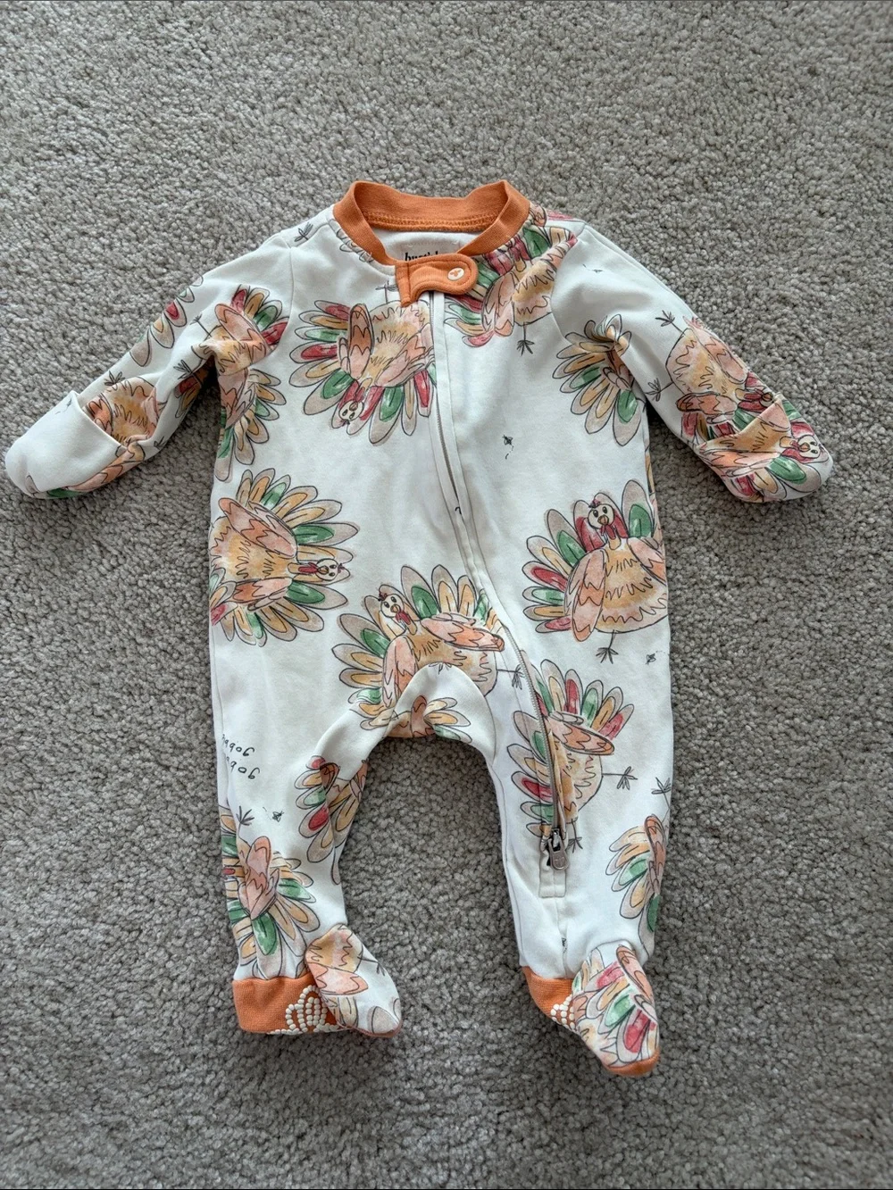Cream Footed One-Piece with Orange Trim and Turkey Print